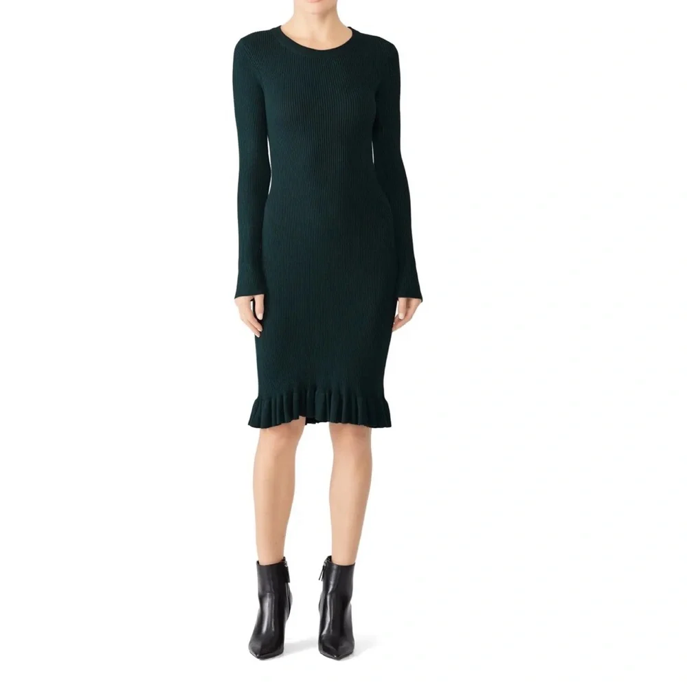 John + Jenn Pacey green ribbed knit ruffle hemline long sleeve dress